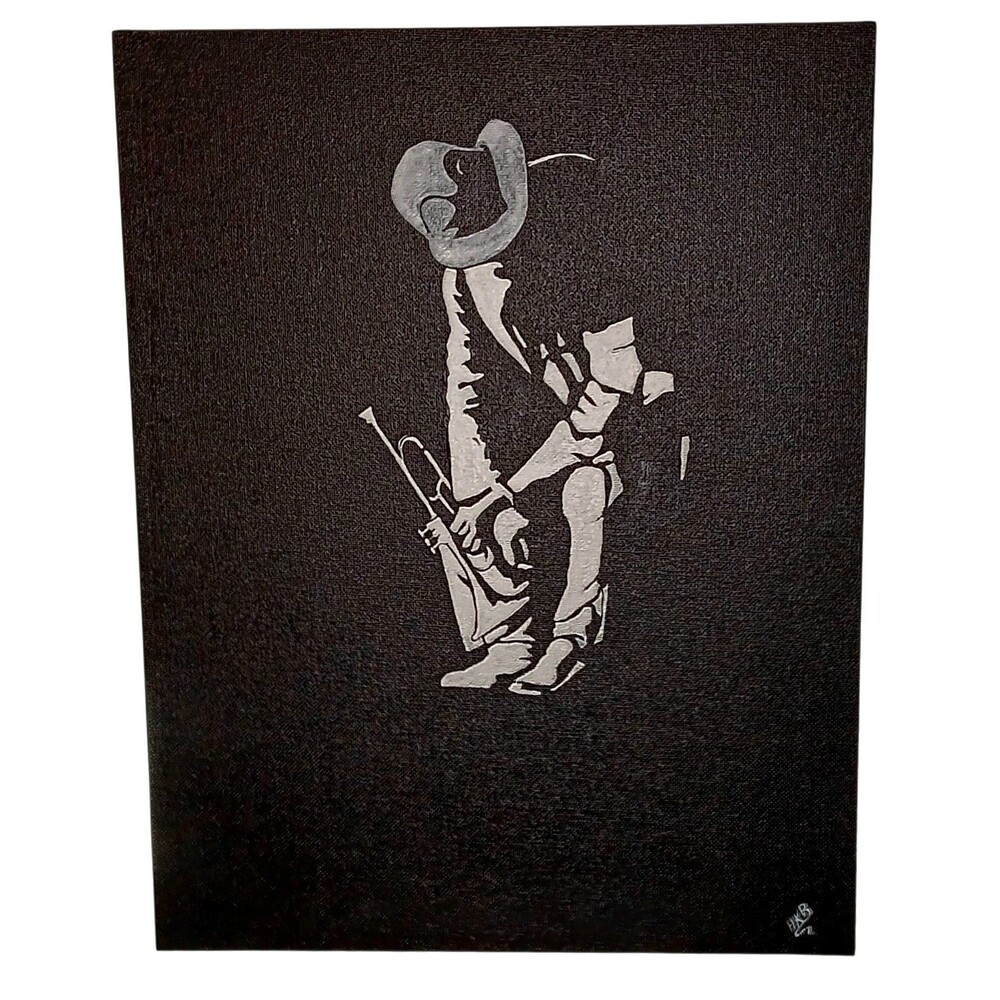 Jazz Trumpet Player Black And White Silhouette Painting 14" X 11"